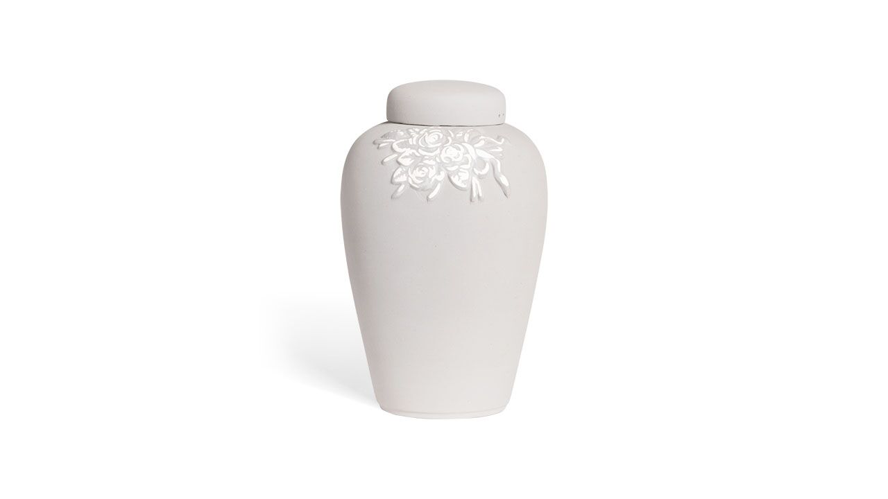 Lerurne med rose i grå