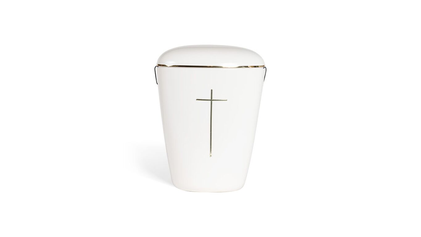 Heim urne i hvid gloss med guldkant og kors 