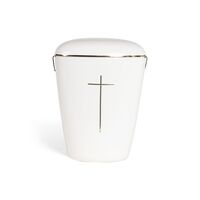Heim urne i hvid gloss med guldkant og kors 