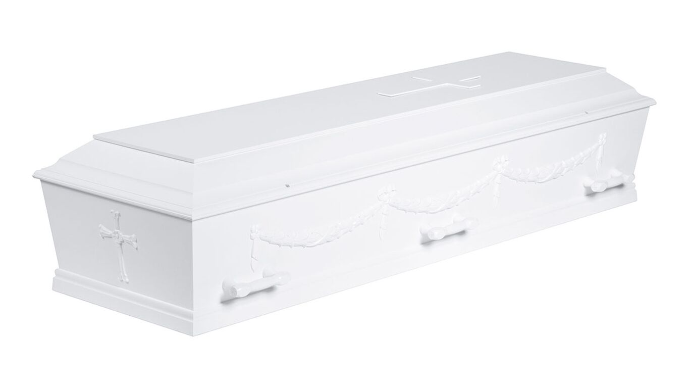 Kremeringskiste med guirlander og kors