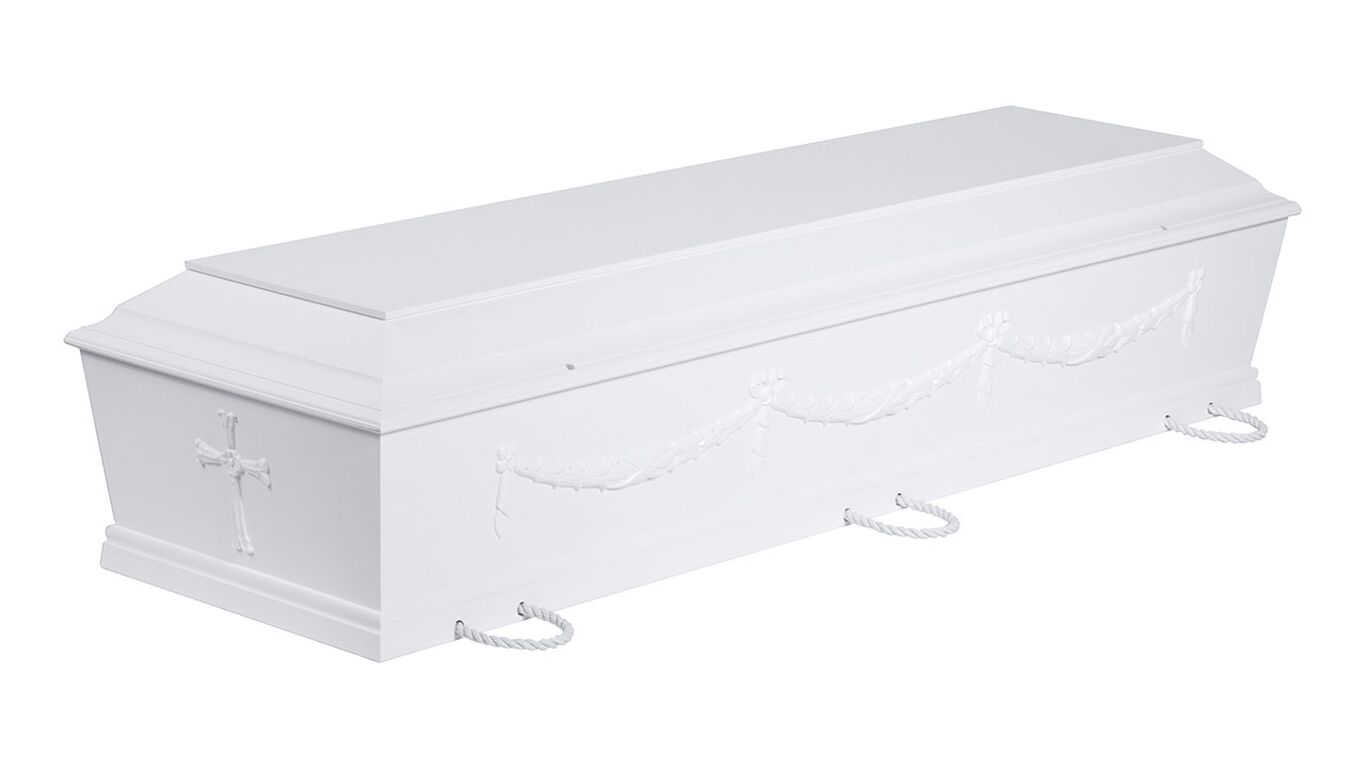 Kremeringskiste med guirlander og kors