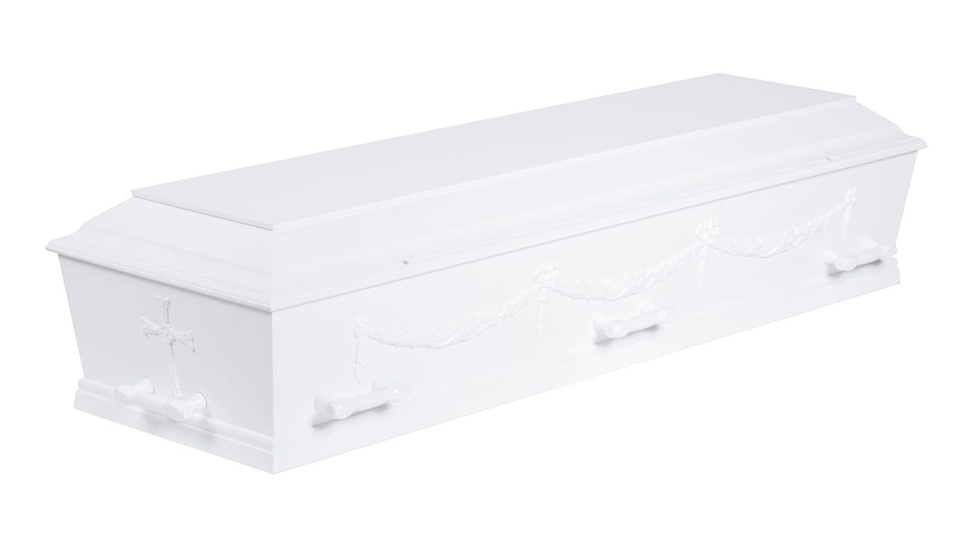 Kremeringskiste med guirlander og kors